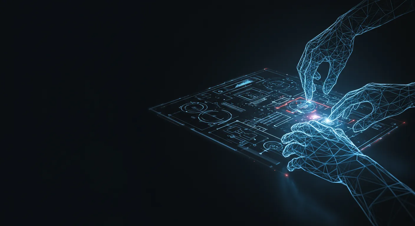 Digital wireframe hands working together on a glowing blueprint, symbolizing the collaborative partnership we form with our clients to build their vision.