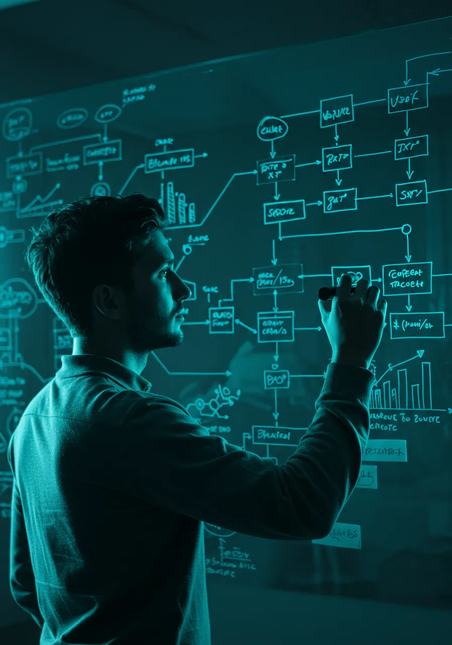 A professional strategist sketching complex system architectures on a glass board, visualizing the process of turning an abstract vision into a concrete digital reality.
