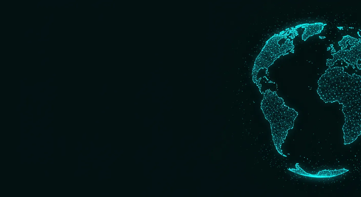 Stylized blue globe with glowing data connections and lines of latitude and longitude