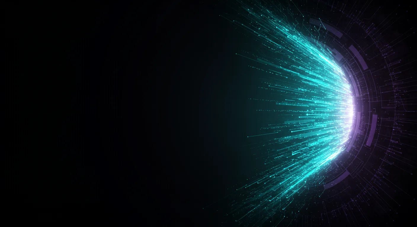 A burst of glowing teal light rays projecting outward from a digital arc, symbolizing a high-speed product launch.