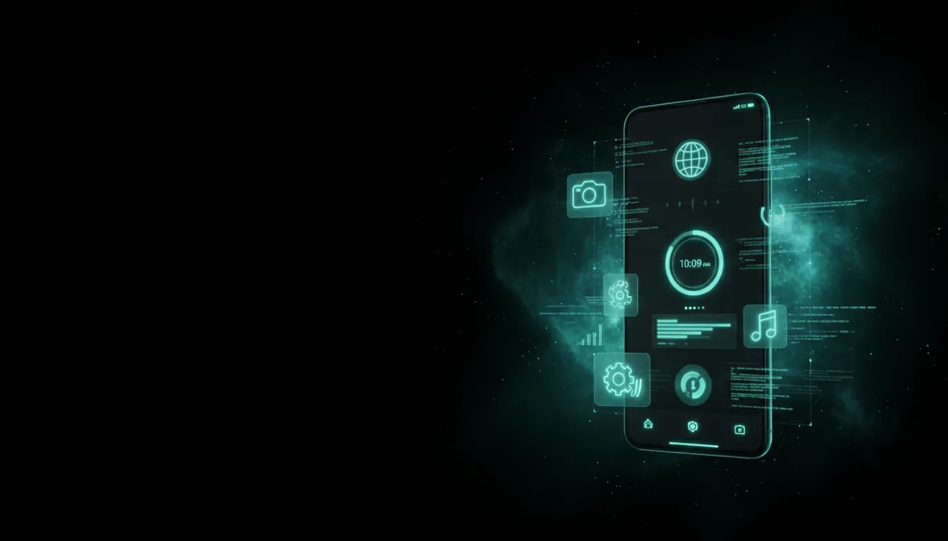 Mobile app development concept art featuring a modern smartphone interface and coding elements in teal.