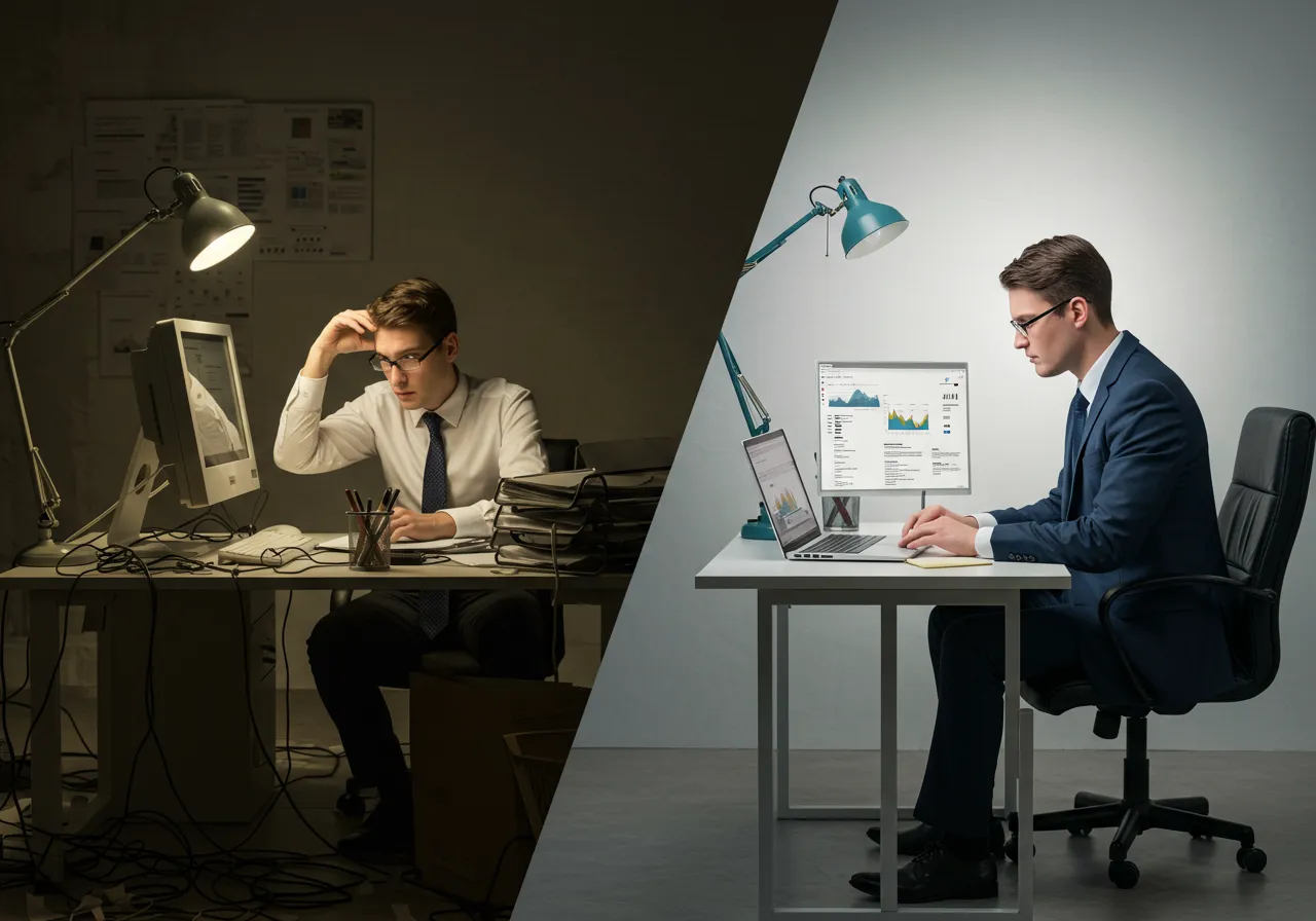 Visual contrast showing the inefficiency of legacy systems versus the streamlined productivity of integrated digital solutions.