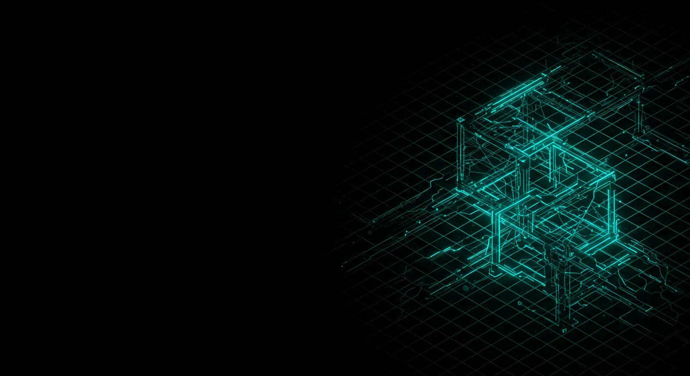 Glowing isometric framework representing the scalable digital architecture behind our development, cloud, and data solutions.