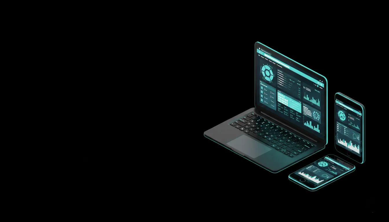 Isometric 3D display of responsive web design on laptop, tablet, and mobile devices, illustrating custom multi-platform software development.