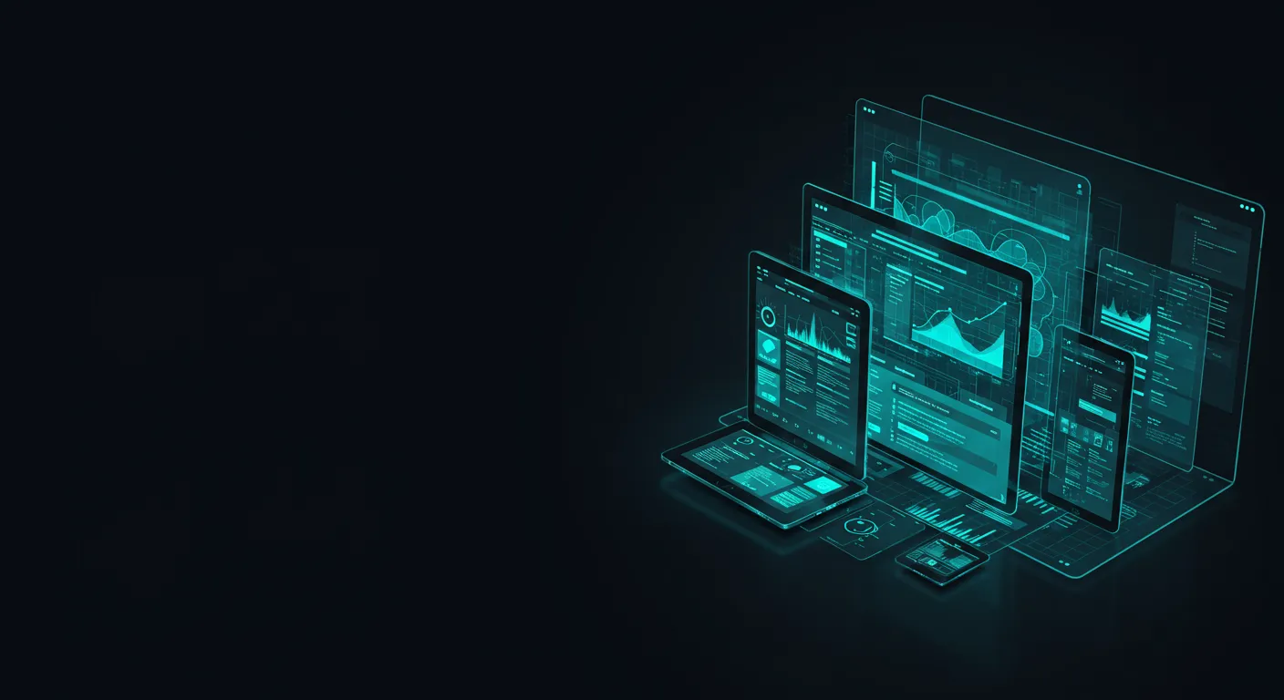 Glowing isometric arrangement of laptops, tablets, and mobile devices displaying responsive web interfaces and data dashboards.